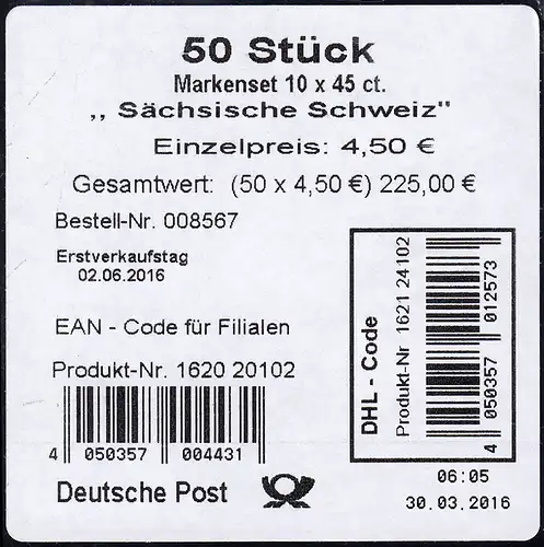 FB 59 Suisse saxonne, feuille feuille BANDEROLE avec code DHL