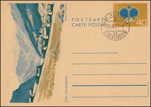 Liechtenstein Postkarte P 80X Krone: Steg (Triesenberg), WZ. 3, Gefälligkeits-O