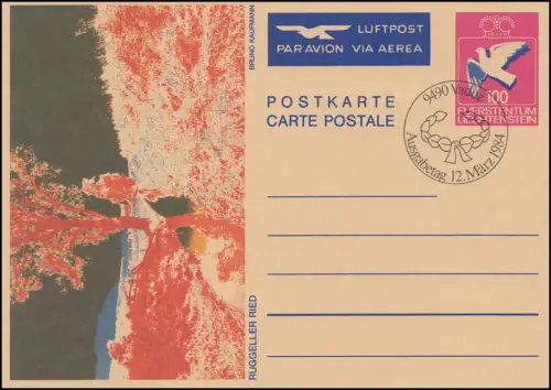Liechtenstein Carte postale P 84 Pigeon: Ruggeller Ried (imprimée dans le courrier aérien), ESSt