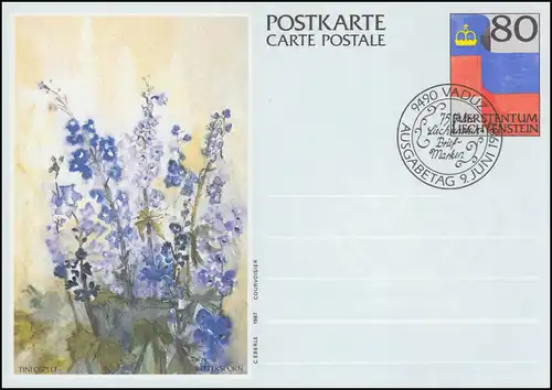 Liechtenstein Postkarte P 86 Fahne: Rittersporn, ESSt VADUZ 6.6.1987