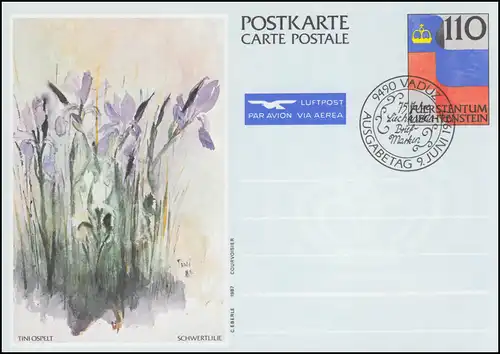 Liechtenstein Postkarte P 87 Fahne: Schwertlilie (Luftpost eigedruckt) ESSt 1987