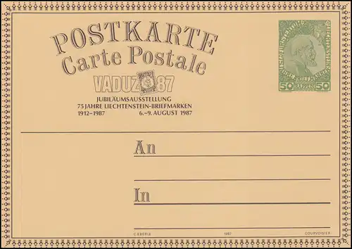 Liechtenstein Postkarte P 88 Fürst Johann II. - Ausstellung VADUZ 1987, **