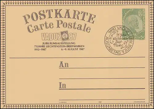 Liechtenstein Carte postale P 88 Prince Jean II - Exposition Vaduz 1987, ESSt