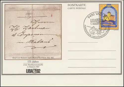 Liechtenstein Carte postale P 89 Château de Gutenberg: Lettre de 1817, ESSt VADUZ 1.8.92