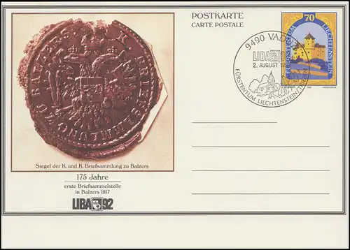 Liechtenstein Postkarte P 90 Burg Gutenberg Siegel zu Balzers SSt August LIBA'92