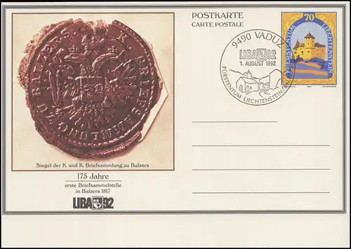 Liechtenstein Postkarte P 90 Burg Gutenberg: Siegel zu Balzers ESSt VADUZ 1.8.92