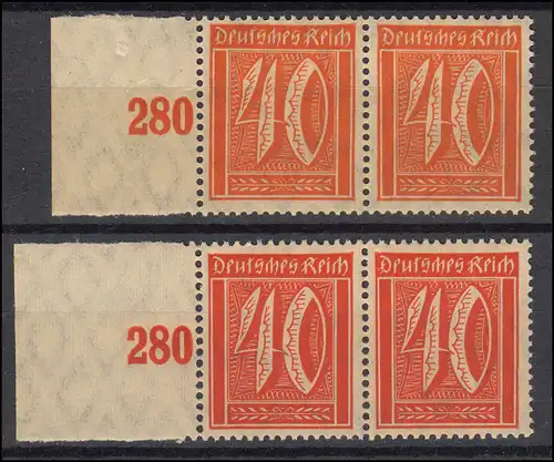 163 Ziffer 40 Pf. als Farbvarianten: je ein Randpaar orange / rotorange, Set ** 