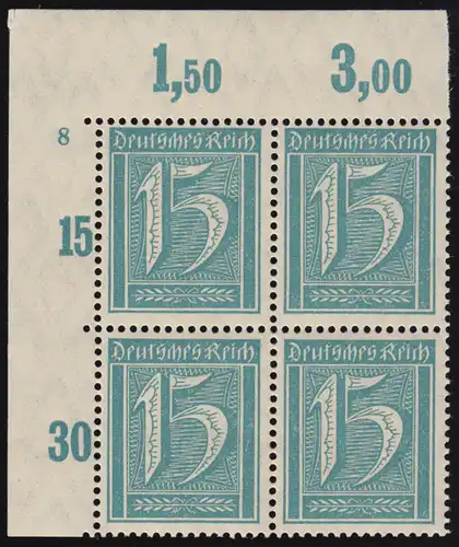 160 Ziffer 15 Pfennig: Eckrand-Viererblock mit Plattennummer 8, ungefaltet, **
