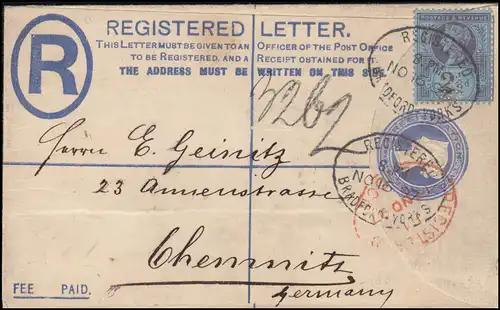 Großbritannien Einschreibe-Umschlag 18 Aa Zusatzfr. BRADFORD-YORK 16.11.1897
