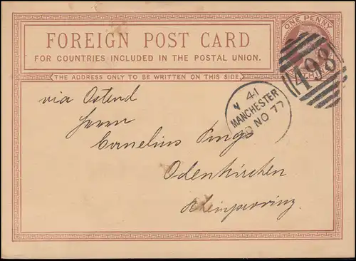 Großbritannien Postkarte P 4 DUP MANCHESTER 498 - 30.11.1877 nach Odenkirchen