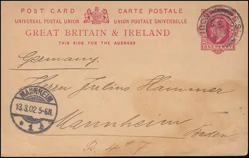 Großbritannien Postkarte P 31 Eduard VII. LONDON F.S.9 - 12.3.1902 nach MANNHEIM