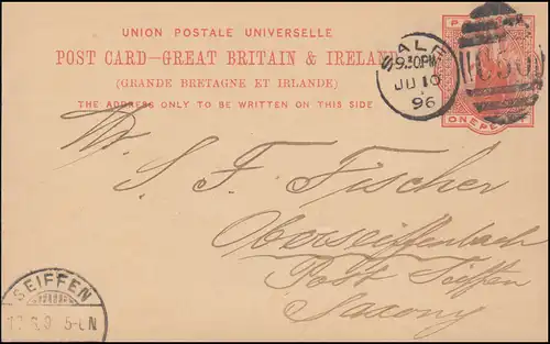 Großbritannien Postkarte P 26 DUP SALE C 50-10.6.1896 nach OBERSEIFFENBACH 12.6.