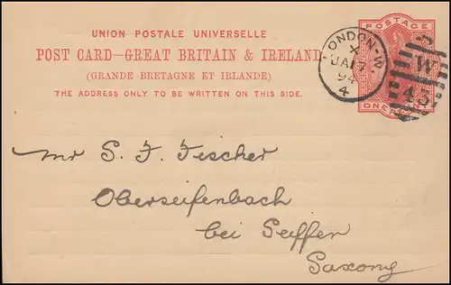 Royaume-Uni Carte postale P 26 DUP LONDON W 43 - 17.1.1894 vers Oberseiffenbach