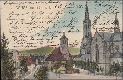 AK Gruss aus Bühl i.B. Kirche, BÜHL (BADEN) b - 23.6.1902 nach LE HAVRE 25.6.02