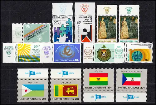 366-390 Nations Unies New York année 1981 complète - avec TAB, frais de port ** / MNH