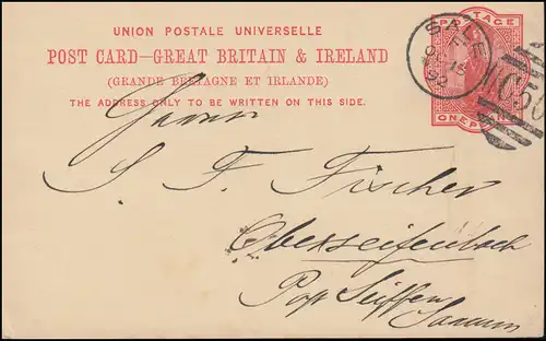 Großbritannien Postkarte P 26 DUP SALE C 50 - 15.10.1892 nach Oberseiffenbach