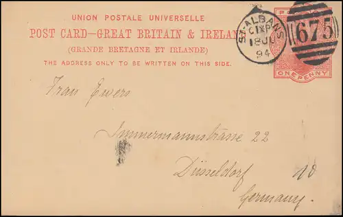 Großbritannien Postkarte P 26 DUP ST ALBANS 675 - 18.7.1894 nach Düsseldorf