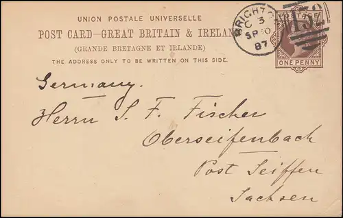 Royaume-Uni Carte postale P 18 DUP BRIGHTON C 3 - 132 - 30.9.1887 n. Allemagne