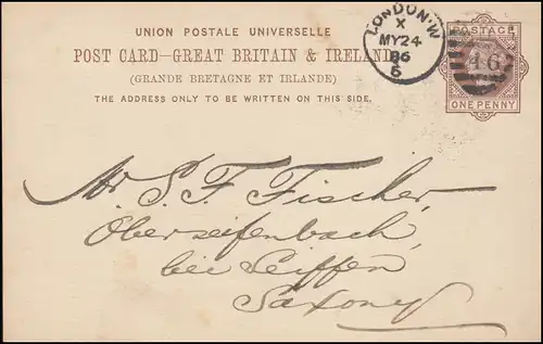 Royaume-Uni Carte postale P 18 DUP LONDON 46 - 24.5.1886 vers Oberseiffenbach