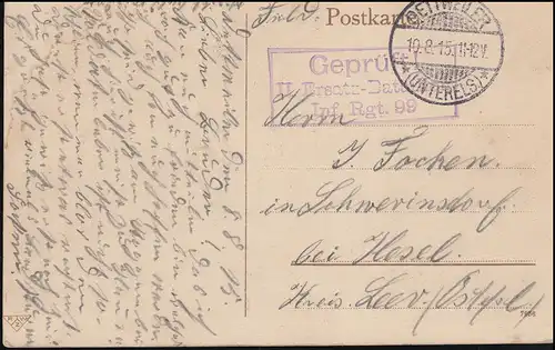 Zensur auf Feldpost-AK Geprüft II. Ersatz-Batl. Inf.-Regt. 99 DETTWEILER 10.8.15