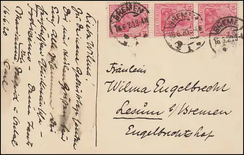 Künstlerkarte Der Klavierspieler, BREMEN 16.6.1920 nach Lesum 