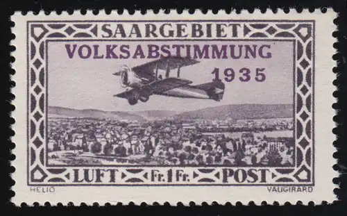 Saargebiet 197 Flugpost: Volksabstimmung 1 Fr. ** postfrisch