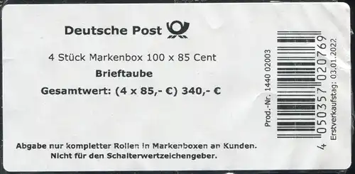 3652 Pigeon-poste 85 centimètre autocollant BANDEROLE pour 4 boîtes de marque, Type II