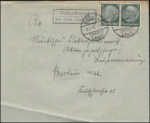 Landpost Schlunkendorf sur Beelitz (Mark) Ville sur lettre BEELITZ LAND 2.7.37