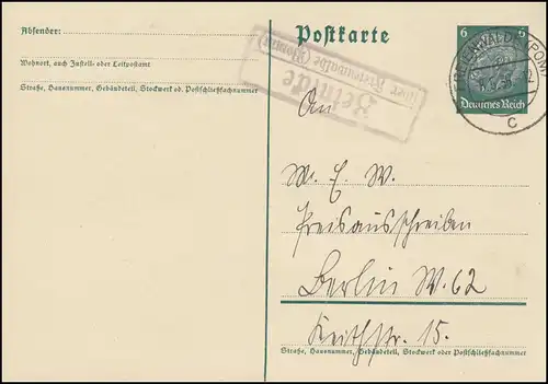 Landpost Zeinicke über FREINWALDE (POMMERN) 8.5.36, Postkarte P 226I nach Berlin