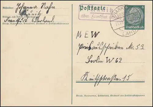 Landpost Kunitz über FRANKFURT (ODER) LAND 11.11.1935 auf Postkarte P 226I