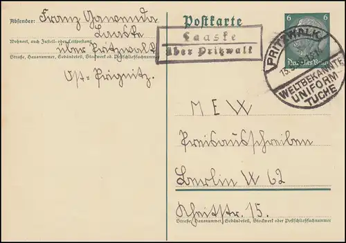 Landpost Laaske über PRITZWALK SSt Uniformtuche 13.5.26 auf Postkarte P 226I