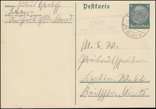 Landpost Laave über NEUHAUS (ELBE) 9.5.1936 auf Postkarte P 226I nach Berlin