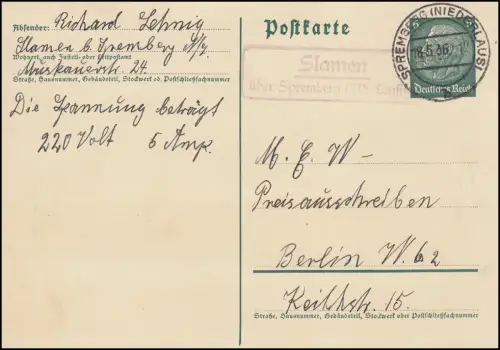 Landpost Slamen über SPREMBERG (NIEDERLAUSITZ) 18.5.36 auf Postkarte P 226I 