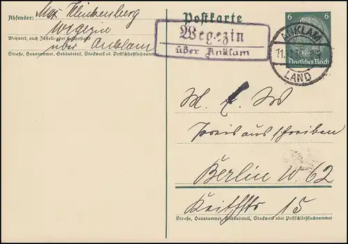 Landpost Wegezin über ANKLAM LAND 11.11.1935 auf Postkarte P 226I nach Berlin