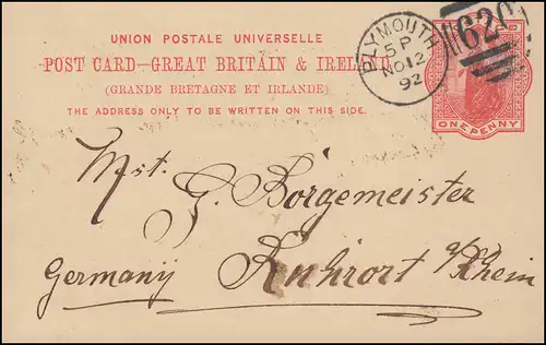 Großbritannien Postkarte P 26 DUP PLYMOTH 620 - 12.11.1892 nach Ruhrort/Rhein