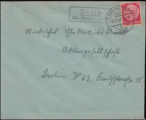 Landpost Kunitz über FRANKFURT (ODER) LAND A - 3.2.1938 auf Brief nach Berlin