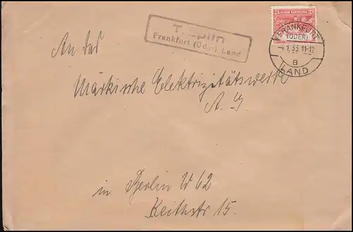 Landpost Treplin sur FRANKFURT (OU) LAND B - 4.1.1933 sur lettre à Berlin