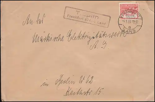 Landpost Treplin über FRANKFURT (ODER) LAND B - 4.1.1933 auf Brief nach Berlin