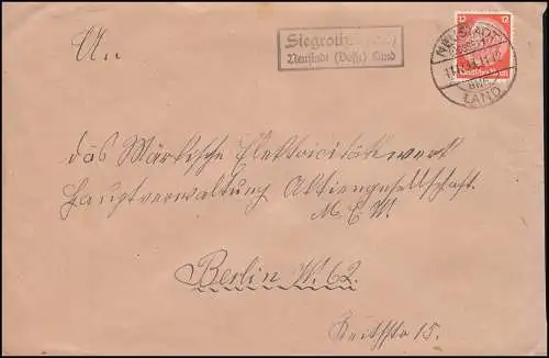 Landpost Siegrothsbruch sur NEUSTADT (DOSSE) LAND 11.12.33, Lettre à Berlin