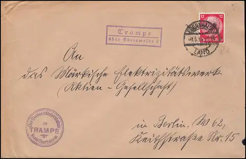 Landpost Trampe über Eberswalde 2 auf Brief EBERSWALDE LAND 1934 nach Berlin