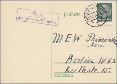 Landpost Wutzig sur FRIEDEBERG (NEUMARK) 8.5.1936 sur carte postale à destination de Berlin