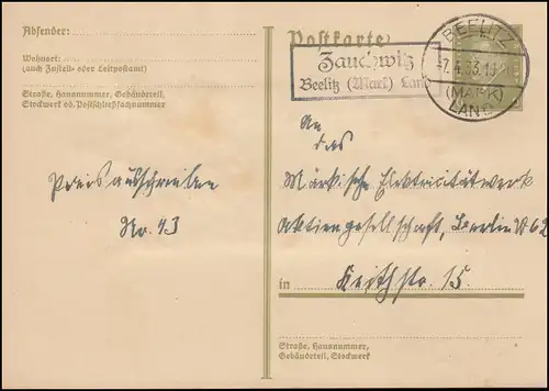 Landpost Zauchwitz via BEELITZ (MARK) LAND 7.4.33 Carte postale P 199I vers Berlin