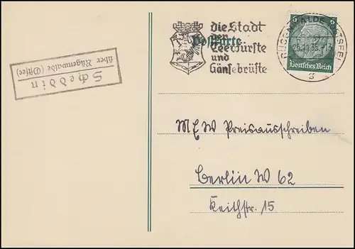 Landpost Scheddin über RÜGENWALDE (OSTSEE) 25.11.1935 auf Postkarte nach Berlin