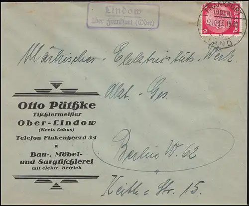 Landpost Lindow über FRANKFURT (ODER) LAND 19.10.1933 auf Brief nach Berlin