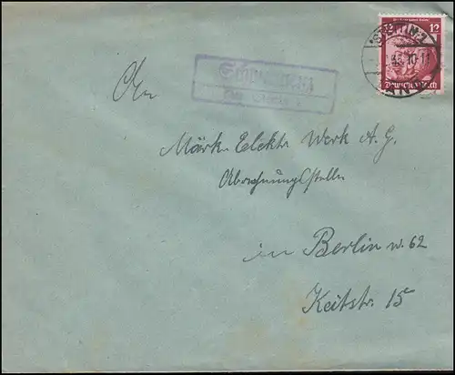 Landpost Schwennenz über STETTIN 1 LAND 1935 auf Brief nach Berlin