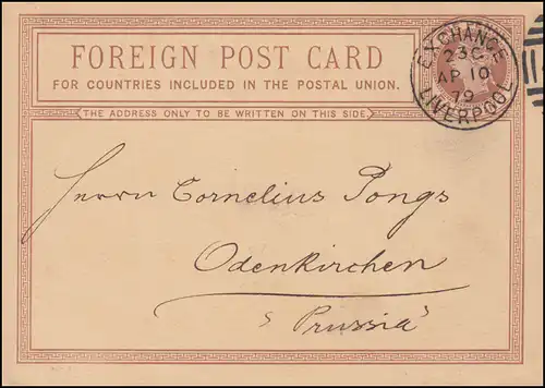 Großbritannien Postkarte P 4 EXCHANGE DUP LIVERPOOL 10.4.1879 nach Odenkirchen