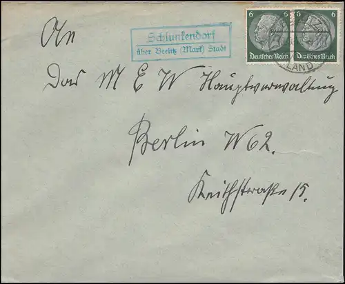 Landpost Schlunkendorf sur Beelitz (Mark) Ville sur lettre BEELITZ LAND 8.9.1937