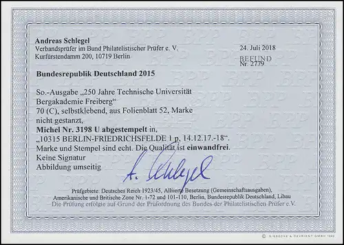 3198U Universität Bergakademie Freiberg NICHT GESTANZT O, Befund Schlegel e´frei