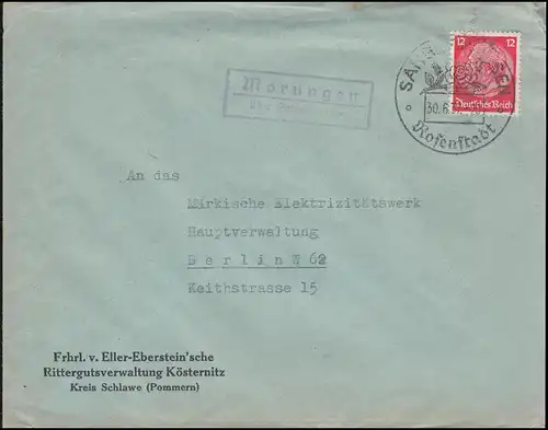 Landpost Morungen über SANGERHAUSEN SSt Rosenstadt 30.6.37 auf Brief nach Berlin