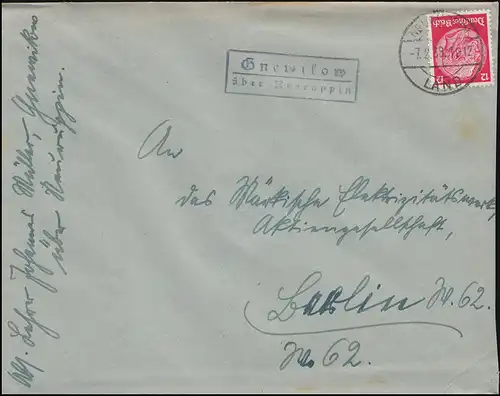 Landpost Gnevikov sur NEURUPPIN PAYS 7.3.1938 sur lettre à Berlin